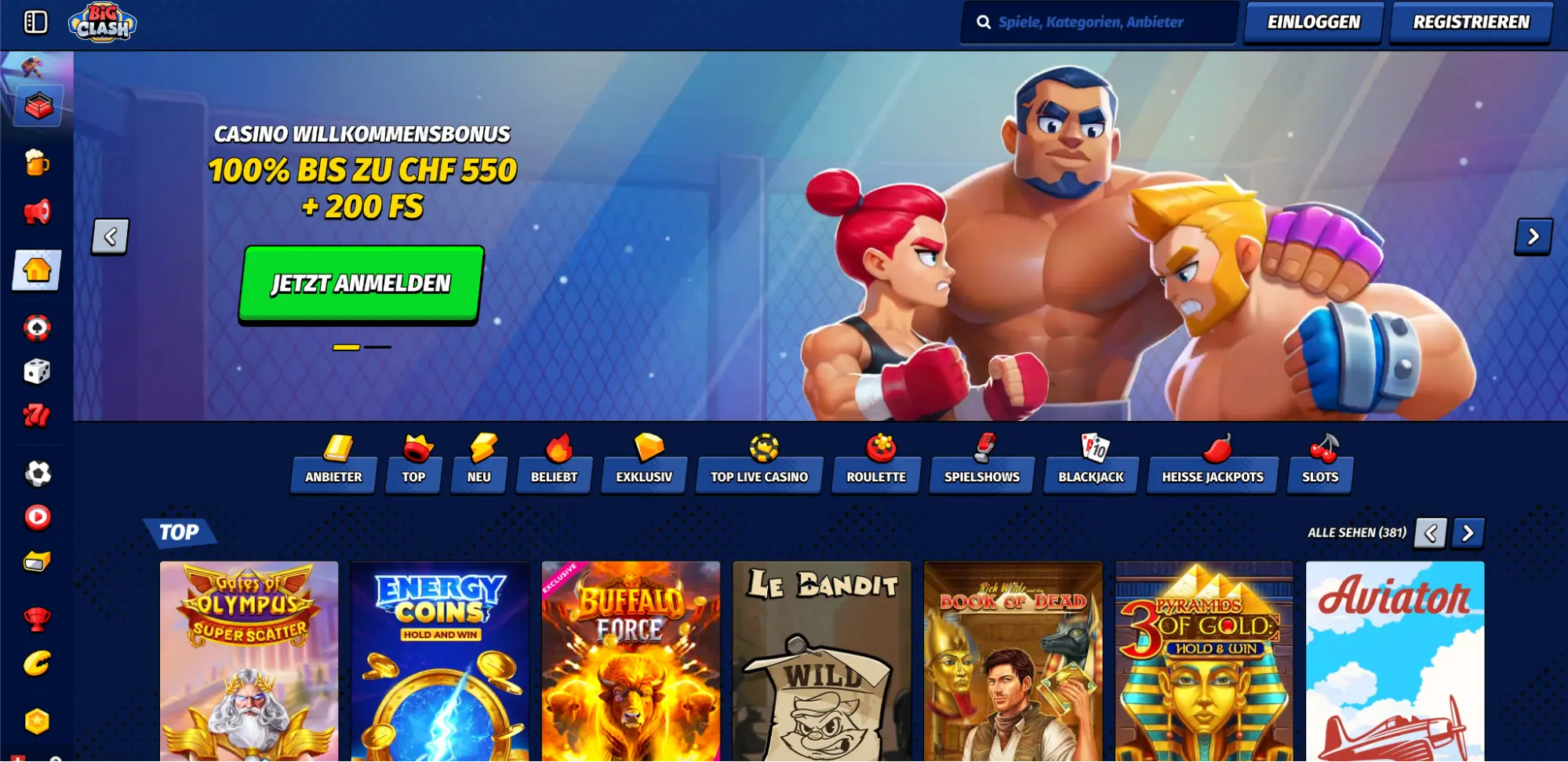 BigClash Casino Online Plattform BigClash Casino Startseite mit Cartoon Kämpfern